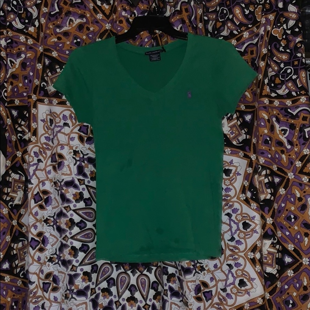 Green V-neck polo short sleeve shirt.
